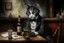 Placeholder: childrens book illustration, macskássy izolda, a frightened looking black and white cat with a cigarette in his mouth, a glass of whiskey in his hand, looking just at us in a smoky pub, van eyck, painted on rough canvas with exaggerated lines, sharp brushstrokes, dripping, plastic paint watercolor and ink, oil on canvas jean baptiste monge