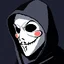 Placeholder: 18 bit pixelart of a shadow figure with a white smooth wide smiling mask fawkes