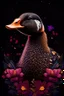 Placeholder: duck, out her mind, beautiful colorfully flowers and star pattern on fur front facing dark smooth colors high contrast background darkred tones,