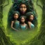 Placeholder: Painting .three women. A mother. Two daughter. Twins. A mother with her children the faces of three young black women. wood nymphs emerging from the forest. Her hair looks like vines. Dreadlocs. Her skin is the colour of dark soil. Her skin looks like tree bark. Her clothing is made of vines, grass and leaves.