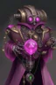 Placeholder: A steampunk robot with a pink gem in its chest wearing a black robe