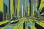 Placeholder: retro futurism style hustle and bustle, loop kick, (deconstruct:43), urban canyon, centered, great verticals, great parallels, hard edge, colors of metallic chartreuse and metallic steel blue