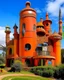 Placeholder: An orange colored castle with a fighter's arena designed in African pottery painted by Wassily Kandinsky