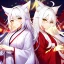 Placeholder: Clear focus, 8k, beautiful lighting, vibrant colors, fox girl, white hair, long hair, golden eyes, miko, tail, smile,