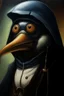 Placeholder: Pengu, oil painting. dark fantasy cover 1970, closeup dnd business style. investor, money.