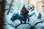 Placeholder: oil painting ,motion blur portrait of harpy - Forgotten Realms dodging cyberpunk armored dwarf with war half moon axe hammer with spikes, riding tiny furry blue and purple dragon above water and along winding branches in lush icy forest along speeding horses , bokeh like f/0.8, tilt-shift lens 8k, high detail, smooth render, down-light, unreal engine, prize winning