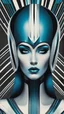 Placeholder: A vintage poster depicting an art deco style alien woman with blue skin, wearing futuristic helmet-like headwear and a thin silver band across her forehead, with vertical stripes of black, white, grey, and teal. The background is a dark brown with a gray gradient at the top, and she has closed eyes with visible eyelashes. Her lips have a subtle red lipstick on them. The poster is in the style of a retro futuristic sci-fi illustration. --ar 19:32 --v 5. 2 -