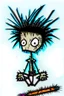 Placeholder: 2d drawing of a stickman, cool with punk hair, x eyes like in hangman, laying flat on stomach,top view of full body,3d realistic in colour