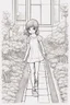 Placeholder: A little girl exploring a garden filled with square-shaped flowers and bushes. Incorporate squares for flower petals, windows, and garden pathways.,very happy , Colloring page for todlliers ; basic hawali style cartoon , black and white , ink outlines , , smooth , anime style , minimalist , cute eyes , full body , white shose , sketchbook , realistic sketch , free lines , on paper , character sheet , clean line art high detailed