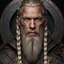 Placeholder: portrait of a 50-year-old viking ,blonde beard with grey highlight and long blond hair with Two small braids. Rugged face with a scar on his cheek, modern fantasy