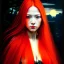Placeholder: stunningly beautiful cyberpunk woman, red to orange hair hyper realist, hyper detailed, intricate, awesome, masterpiece,by Camille Corot, by Katsushika Hokusai, Graphemes, Light Painting, Soviet Art, Technicolor