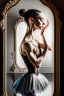 Placeholder: a beautiful ballerina, in a studio, Infront of a mirror, side profile with eyes looking slightly Down, her reflection in the mirror is however looking straight back at her and not looking down, scary, dark undertone, 12k, detailed painting, thick impasto and textures with rough brush strokes, chaos background with cracked paint, peeling off