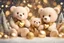 Placeholder: cute teddy bears holding hearts covered in sparkling gold glitter, beautiful winter composition, snowflakes, pine branches, Christmas ornaments and glowing Christmas lights