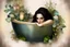 Placeholder: double exposure contented beautiful brunette in a big foam spa bathtube spa things, greenery and flovers, candles, plush towels, soft colors, in sunshine merged layers waterfall heart and love: burlap battery corrosion golden patina watercolor and glittering ink