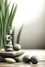 Placeholder: delicate background with spa stones and a bamboo stem, in the background there is a moiré figure of a female statue sitting on the stones, photorealistic photo