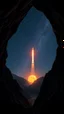 Placeholder: surreal glowing in dark, millions of stars. A SpaceX rocket is lunching toward the space , a sun view through a mountain cave in double exposure 4k , High quality photo picture