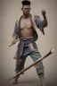 Placeholder: A young male water genasi with deep blue skin color, water shape dred hair on head. Shaolin monk with long stick weapon, kung fu master, martial art