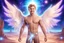 Placeholder: cosmic bionic beautiful men, smiling, with light blue eyes and long shirtless and angelic wings, in a magic extraterrestrial landscape with coloured land, stars and bright beam in the sky
