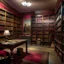 Placeholder: A grayish magenta library filled with magical books painted by Edgar Degas