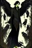 Placeholder: Black haired, owl-man, Skinny, warlock, with black wings, and owl legs, in the style of Harry Clarke