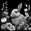 Placeholder: colorless a beautiful rabbit between seeds and big flowers black background .black and white colors. for a coloring. with grayscale