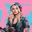 Placeholder: drawing styles motorcycle blonde girl, pink and blue background