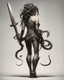 Placeholder: full-length, detailed persona, sword in hand, gorgon medusa, from the back, half-turn, leaning on one leg