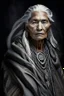 Placeholder: a photo of an Aztec man with ethnic jewelry, grey hair and grey flowing robe, in style of Annie Leibovitz, contemporary portrait of a mature yet beautiful and modernist woman, black and grey, detailed feminine face, swirling fluid smokey enigma, award-winning artwork