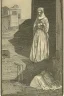 Placeholder: Line drawing, lady, facing forward, kneeling in an alleyway, bruised face and arms, torn clothing, hands raised in front of face face for protection, partially shrouded in shadows