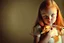 Placeholder: Beautiful golden red hair girl holding duck portrait in ochre, moody, somber, desaturated colors