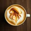 Placeholder: close up top-down view of a latte with a Gigeresque xenomorph formed in the milky foam, professional photography, looks like an advertising campaign photo, delicious