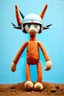 Placeholder: stuffed plush toy(tall and skinny with 1 eye and a frown, small feet at front, wearing helmet with spike on top) blue background, dirt floor