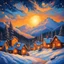 Placeholder: Wonderful sunset, bright light above the mountains illuminating the landscape, small houses. Snowflakes shine on pine trees and rooftops. Some stars faintly appeared in the sky. Beautiful winter landscape. Fantasy beautiful HD color Van Gogh acrylic art intricate details