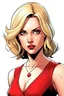 Placeholder: Female, looking serious, in a red dress, with blond hair in a comic style