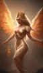 Placeholder: Female angel with beautiful perfect face big wings and golden crown floating above the ground in the dark enviroment, anatomically correct, michelangelo style, detailed, world of warcraft style, dark forest, trees, painting, brush strokes