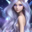 Placeholder:  beautiful, soft, smiling, long and straight blonde hair, bluish background, fairy wings on the back