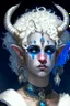 Placeholder: A young tiefling woman with a set of ram horns on her head encrusted with jewels, White-Blonde, short curly hair, black eyes, dressed in white and blue with lots of jewelry, beautiful