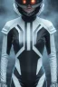 Placeholder: All Black racing suit AnnaSophia Robb, portrait, ghost mask, wearing high tech racing helmet, white smoke, dark, rage, sorrow, high definition, ultra 8 k, volumetric lighting, blue fire, fog