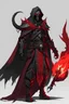 Placeholder: death knight red Dragonborn red fire dnd wearing a black taterd feather cloak