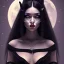 Placeholder: Portrait femme métissée yeux noirs avec des longs cheveux lisses noirs, belle sorcière, lune, corset noir, 4k