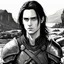 Placeholder: A portrait of Jared Leto in his early 30s, long beachy haircut, black hair, on a rocky island, in ebony armor from Skyrim, melancholic and dangerous facial expression, half-smiling, drawn in the style of ink manga sketch, black and white