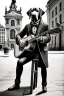 Placeholder: One single mature labrador, historic clothes, playing guitar in the street , Vienna, friendly, model style, hyper realistic, extremely accurate, delicate, extremely detailed, Graphic novel style, wide-angle, open aperture, superfine pencil