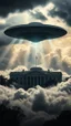 Placeholder: A ufo hovering above the White house hovering above swirling clouds, emerges from the heart of a raging storm. Turbulent winds of steam swirl around the iconic structure, lit by shafts of sunlight that cast dramatic shadows on the A large UFO spacecraft hovering over the pentagon building surrounding clouds. A storm rages and thunder lights up the dark sky,