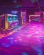 Placeholder: A dark photo of the corners of an 80's aesthetics arcade at night, with a lot of functioning arcade machines, a vaporwave floor and some colorful tiles in between the floor. Purple aesthetics. There are some pizza boxes over some of the arcade machines