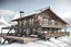 Placeholder: rustic ski lodge on mountain background brown and gray shades on a white background