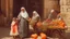 Placeholder: A full-length Palestinian girl wearing an embroidered dress and a white embroidered shawl buys oranges from an old seller wearing a keffiyeh in the market of Jerusalem, 100 years ago, at night with multi-colored lights reflecting on her.