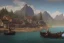 Placeholder: Wooden medieval fantasy docks in poor village, daytime, light shafts, adventurers, trees, bustling, mountains in the background, boats, sto brewing in the horizon