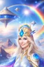 Placeholder: cosmic woman smile, admiral from the future, one fine whole face, crystalline skin, expressive blue eyes,rainbow, smiling lips, very nice smile, costume pleiadian, Beautiful tall woman pleiadian Galactic commander, ship, perfect datailed golden galactic suit, high rank, long blond hair, hand whit five perfect detailed finger, amazing big blue eyes, smilling mouth, high drfinition lips, cosmic happiness, bright colors, blue, pink, gold, jewels, realist, high,rainbow commander