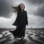 Placeholder: Portrait of a girl screaming loudly with a black robe that was torn in an explosion, walking in the mud of Lapindo, the strong wind blowing her hair and, staring, gray flat sky background, a perfect combination of bright contrast and delicate patterns, symmetrical composition, dramatic landscape