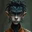 Placeholder: Zykrass has black scales and bright brown eyes. He has short tendrils on his head. He has a stern look on his face. He wears light lipstick and has a pronounced overbite. There is a pronounced birthmark on the top of his left cheek. He wears a cheap copper jacket. His clothes look rather dirty.